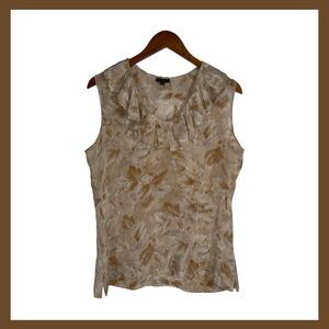 100% Silk Ruffle Neck Blouse Tan Beige Leaf Print Sleeveless Talbots Size 12